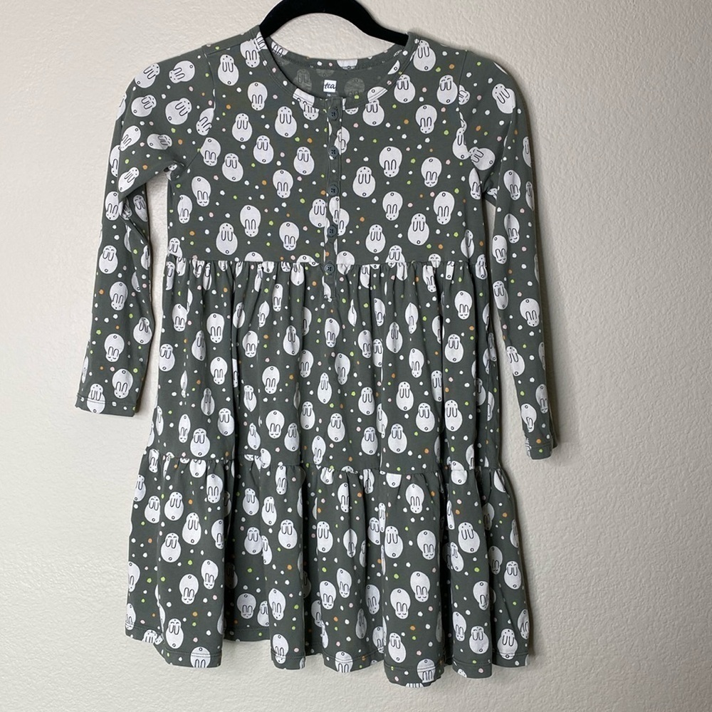 Tea Collection long sleeve dress bunnies girls 10 ten green button down